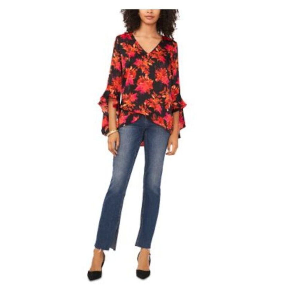VINCE CAMUTO Womens Black Crossover Front Hi-lo Hem Long Sleeve V Neck Top M - Picture 3 of 3